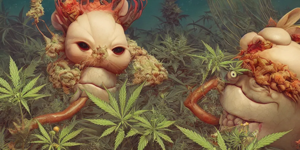 Image similar to a little cute strange cannabis animal illustrated by miyazaki by karol bak, james jean, tom bagshaw, rococo, sharp focus, trending on artstation, cinematic lighting, hyper realism, octane render, 8 k, hyper detailed, vivid, ultra detailed, highly detailed, zbrush