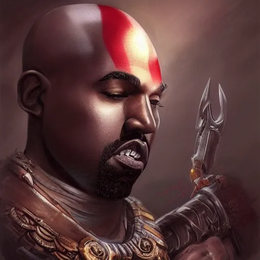 Prompt: cute Kanye West in God of War cover art, ultra wide lens shot , tiny, small, rage, short, cute and adorable, scary, brutal, pretty, beautiful, DnD character art portrait, matte fantasy painting, DeviantArt Artstation, by Jason Felix by Steve Argyle by Tyler Jacobson by Peter Mohrbacher, cinematic lighting