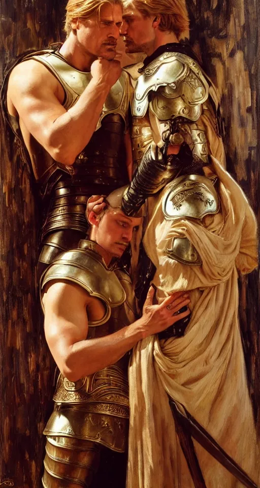 Prompt: attractive fully clothed jaime lannister confesses his love for attractive fully armored brienne of tarth. highly detailed painting by gaston bussiere and j. c. leyendecker 8 k