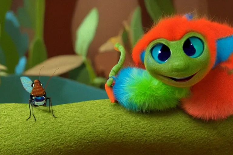 Image similar to disney pixar's a bug's life, cgi caterpillar colorful, furry caterpillar