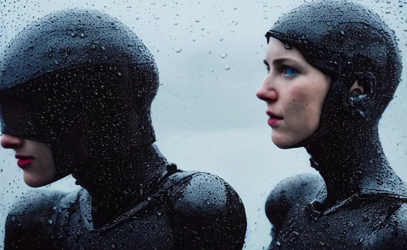 Image similar to cinestill 5 0 d candid photographic portrait by christopher nolan of two loving female androids wearing rugged black mesh techwear in treacherous waters, extreme closeup, modern cyberpunk moody emotional cinematic, pouring rain menacing alien ship lights, 8 k, hd, high resolution, 3 5 mm, f / 3 2, ultra realistic faces, ex machina