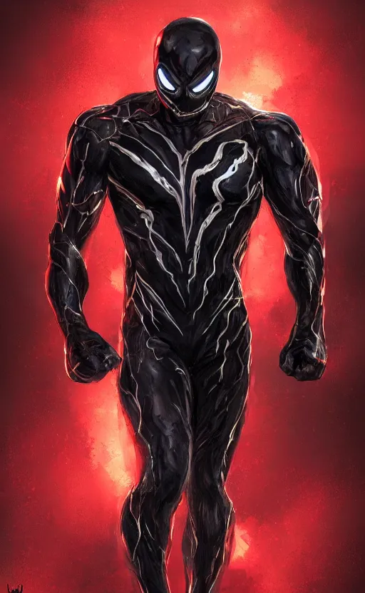 Image similar to venom in a venom inspired ironman suit, black and red, dynamic lighting, photorealistic fantasy concept art, trending on art station, stunning visuals, terrifying, creative, cinematic