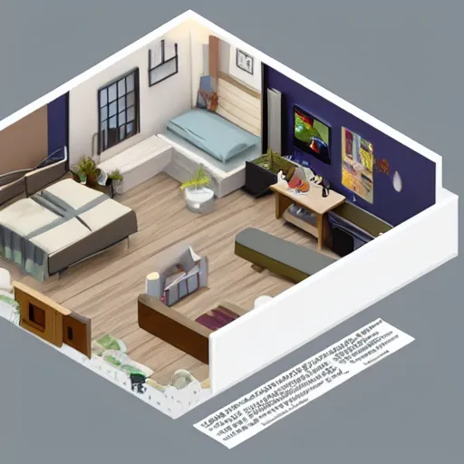Prompt: an isometric overview of a 3 d bedroom inspired by the sign leo