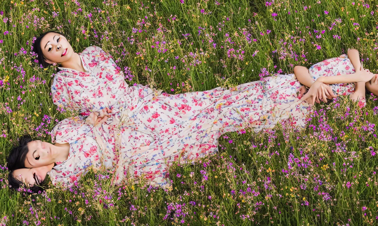 Image similar to a beautiful young Asian woman lying in a field of wildflowers, wearing a sun dress, portrait, dreamy