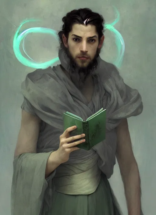 Prompt: character concept portrait of an attractive young focused Spanish wizard with pale green skin enchanting a growing spell, a floating iridescent spell book in the center, intricate, elegant, digital painting, concept art, smooth, sharp focus, illustration, from Metal Gear, by Ruan Jia and Mandy Jurgens and William-Adolphe Bouguereau, Artgerm