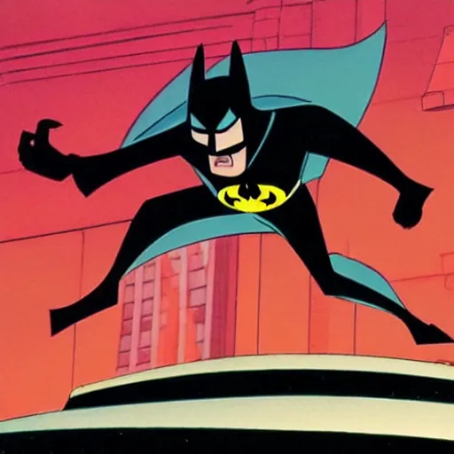 Prompt: batman the animated series, bruce timm, batman chasing catwoman on rooftop at night