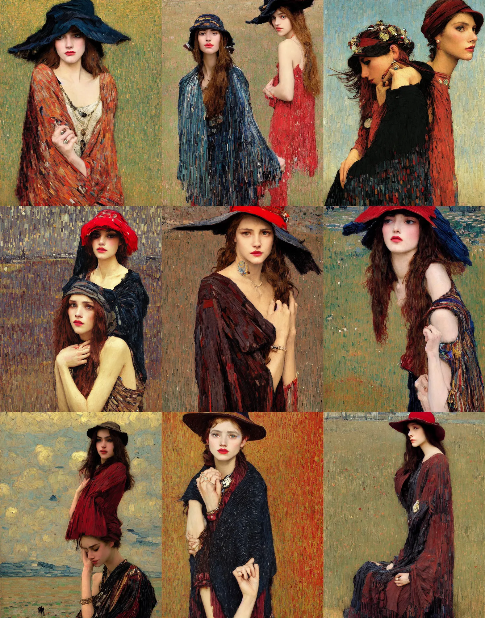 Prompt: portrait of fashionable young woman wearing rich jewerly hat and boho poncho at night, red light, dark make up on her face, sitting dynamic pose, Low poly, thunder clouds in the sky, artwork by john william waterhouse and Denis Sarazhin and klimt and rhads and van gogh and Dean Ellis and Detmold Charles Maurice, levitation, industrial rusty pipes, simple form, brutal shapes