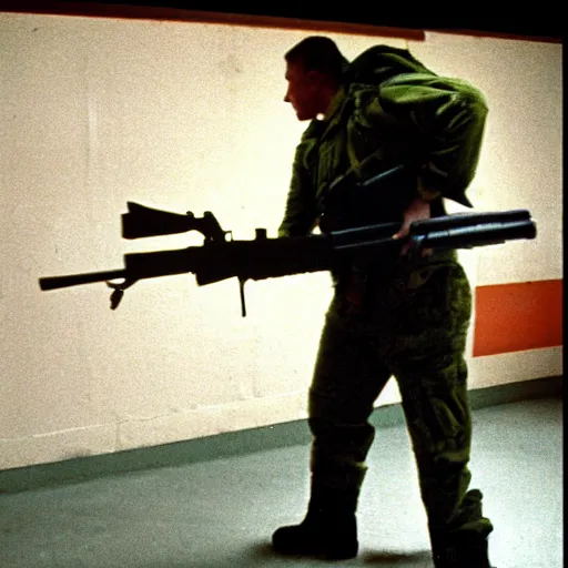 Image similar to a high quality color dutch angle wide shot film 3 5 mm depth of field photograph of a man wearing army fatigues, holding an ak - 4 7 nervously pointing it in front of him getting ready to shoot, in a secret military bunker in antarctica in 1 9 8 2