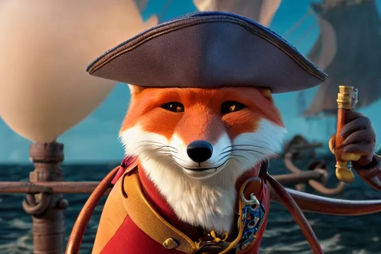 Image similar to promotional image of a fox as a pirate captain in the new pixar movie, very detailed face, movie still frame, promotional image, imax 70 mm footage