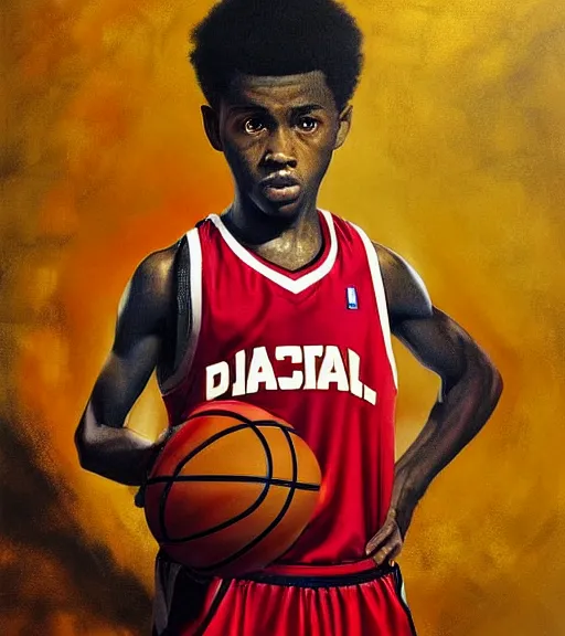 Image similar to portrait of a boy at a basketball court playing basketball wearing a basketball uniform in a basketball court standing near the basketball hoop, painted in 1999, intense emotion, detailed facial expression, detailed surroundings, intricate, elegant, highly detailed, centered, digital painting, artstation, concept art, smooth, sharp focus, illustration, by (Peter Mohrbacher), WLOP