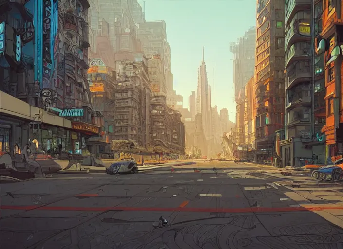 Image similar to a view of a city at street level, no cars. sharp focus, cinematic pose, cinematic lighting, unreal engine render. art by josan gonzales and moebius and deathburger.