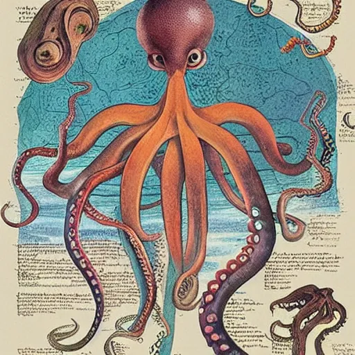 Prompt: screenshot of a page from a 1990s natural history book on octopus anatomy notes on illustrations by davinci,jamie hewlett,steven wiltshire,vivid bright colour pallette, high contrast, cycles render