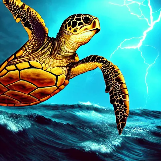 Prompt: photorealistic sea turtle riding waves of lightning. hyperdetailed photorealism, 1 0 8 megapixels, amazing depth, glowing rich colors, powerful imagery, psychedelic overtones, 3 d finalrender, 3 d shading, cinematic lighting, artstation concept art