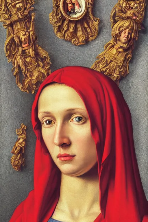 Prompt: hyperrealism portrait of virgin mary with bright yellow eyes and red skin, in style of classicism, hyper detailed