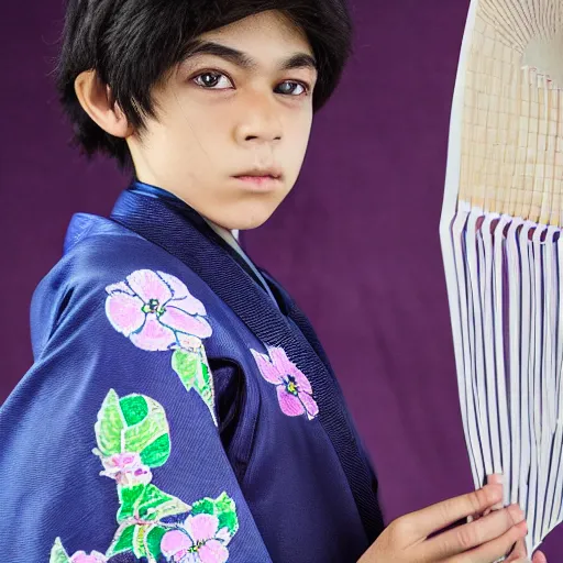 Prompt: teenager boy with straight indigo hair, purple eyes with red eye markers, slim body, wearing a detailed Japanese kimono, holding a japanese fan, Super-Resolution, HSL, 2-bit, VR, Uniform, Nano, Senary, RTX, insanely detailed and intricate, hypermaximalist, elegant, ornate, hyper realistic, super detailed, full body, full body shot, full image