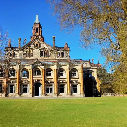 Prompt: photograph of a grand victorian college building in the countryside by a large lake. well lit and blue sky