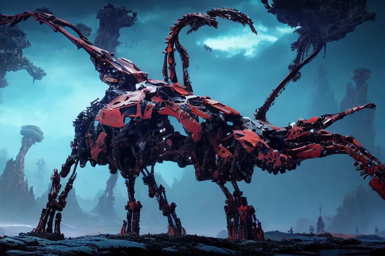 Image similar to wide epic shot. a hyper detailed fanghorn evangelion realistic mechanical and organic creature similar look as horizon forbidden west horizon zero dawn, bioluminiscence in a dark deep forest at dawn in spring, with reflection and textures, by kilian eng, substance painter reaslitic mech surface metal painted scratches, world env from horizon forbidden west horizon zero dawn