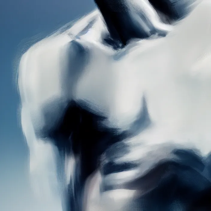 Image similar to abstract closeup of a thin, athletic physique man's body made of abstract, thick flowing dramatic brush strokes, no face, strong wind, white background, matte colors, impressionist, extreme motion, trending on artstation