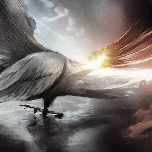 Prompt: “Knight of light rises the white bird carefully, epic, atmospheric, concept art”