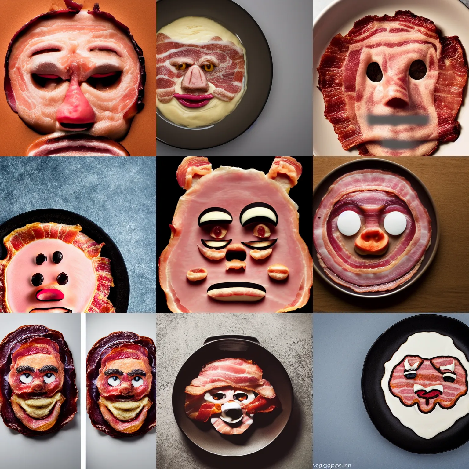 Prompt: bacon face that looks like kevin bacon, dish, top view, sigma 8 5 mm