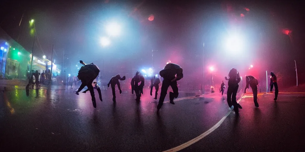 Image similar to fisheye lens trail effect of astronauts doing break dance, long exposure shot , foggy night in the middle of a rainy street with colorful rim lights, paddle of water water splashes, glossy reflections, water droplets on lens, tongue of fire, detailed and soft, fisheye lens, smooth, sharp focus, professional photoshoot, film grain, film look, inspired by blade runner