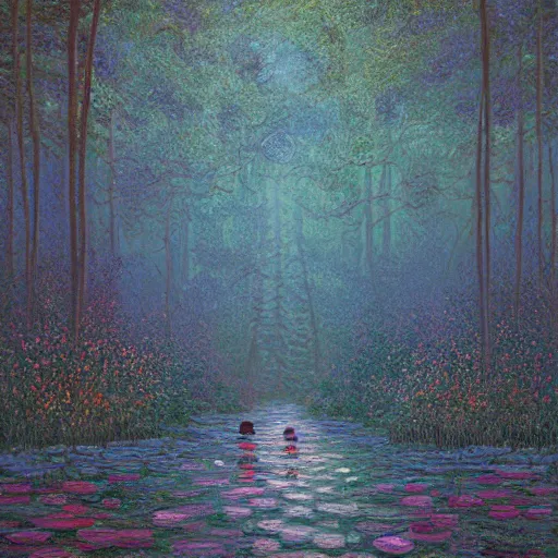 Image similar to A magical forest by Dan Mumford, Claude Monet and Simon Stålenhag