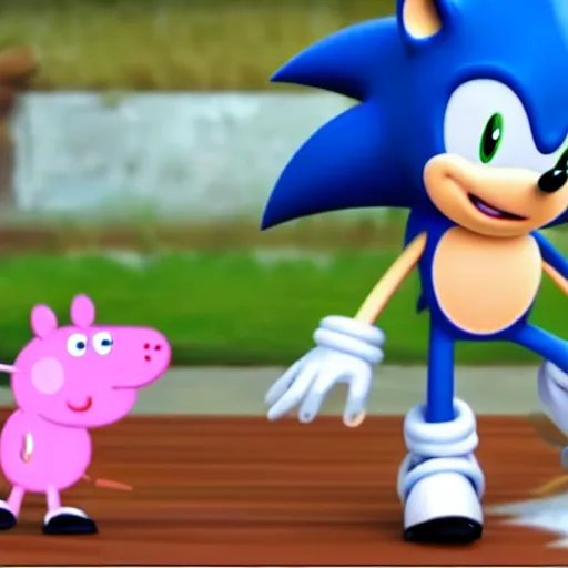 Image similar to sonic and peppa pig crossover, cartoon network stillframe, hd,