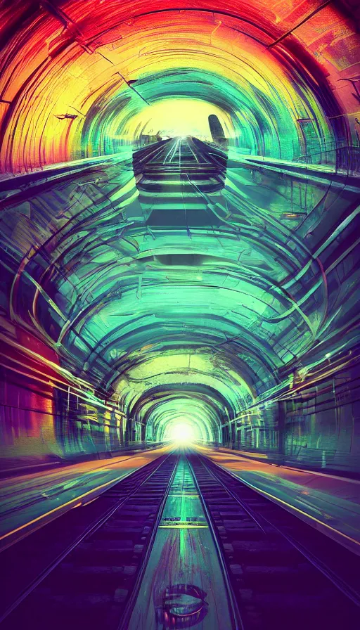 Image similar to a train driving through a psychedelic tunnel, by beeple,