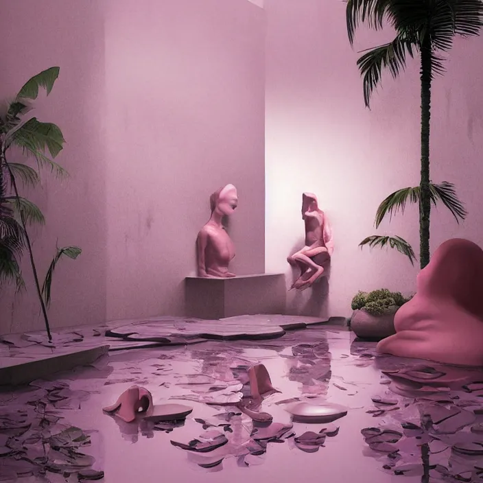 Image similar to hyperrealistic random objects in a surreal minimalistic dreamscape environment by salvador dali, enormous pink mannequin head statue, highly detailed, 3 d render, vray, octane, beautiful lighting, photorealistic, intricate, elegant, wayne barlowe, water, mirrors, doorway, beautiful, masterpiece, trending on artstation, artgerm, checkered floor, palm tree