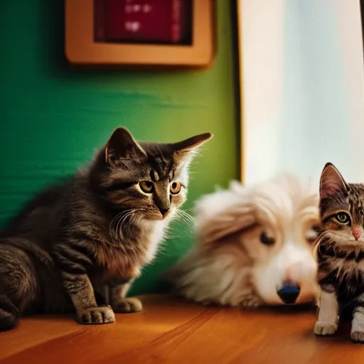 Image similar to dog and kitten hybrid inside a japanese thrift store, cinematic light, warm colours, atmospheric, bokeh, 8 k photography