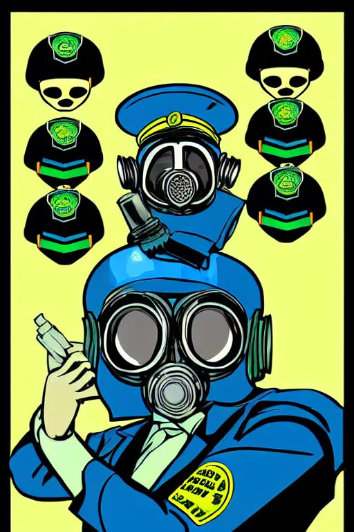 Image similar to cops member departement using gas mask, with blue and green blouse, high member use army hats. digital art, graphic novel, pop art, bioshock art style, accurate, detailed, gta chinatown art style, dynamic, face features, body features, ultra realistic, concept art, smooth, sharp focus, art by richard hamilton and mimmo rottela