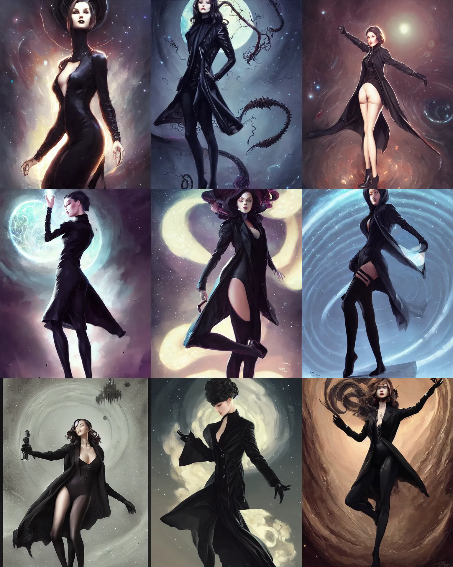 Prompt: lady in black coat and pantyhose, cosmic horror style, intricate, confident pose, realistic, highly detailed, by wlop and artgerm and ross tran and greg rutkowski, charlie bowater, peter mohrbacher