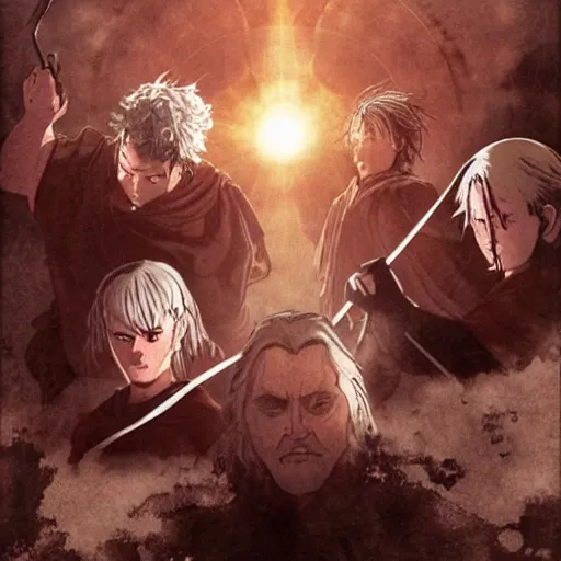 Image similar to the fellowship of the ring in the style of Akira manga epic action scene