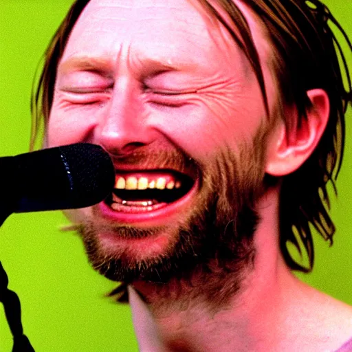 Prompt: Thom Yorke laughing 1995 singing into a microphone, a photo by John E. Berninger, trending on pinterest, private press, associated press photo, angelic photograph, masterpiece