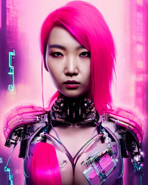 Image similar to portrait of a beautiful asian woman with pink hair as a cyberpunk cyborg half robot, skin open to reveal wires and electronics, sci - fi, missing panels, intricate abstract upper body intricate artwork, concept art, octane render, deviantart, cinematic, key art, hyperrealism, iridescent accents, portrait photograph, nikon 3 5 mm, photograph by greg rutkowski