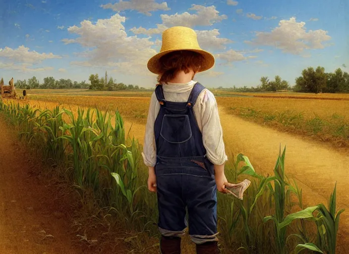 Prompt: a cute young scarecrow with a straw hat in overalls walking on a dirt road next to a large corn field by bouguereau, tom lovell, ross tran, jean baptiste monge