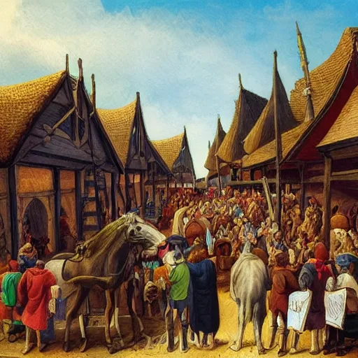 Image similar to a medieval horse market, fantasy art