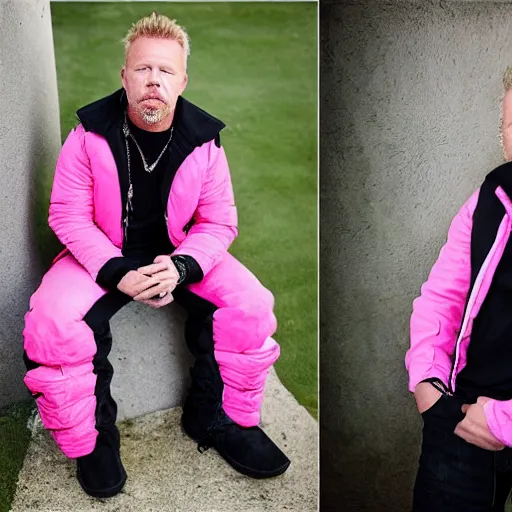 Image similar to professional portrait of james hetfield wearing a pink puffy jacket, very detailed, very intricate, dslr,