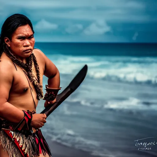 Image similar to a pacific islander warrior on a canoue, 4 k, hyper realistic, dslr, high resolution, landscape, beautiful