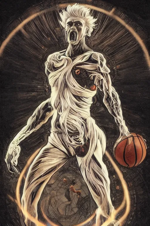 Image similar to basketball! monster!, surreal 4k HD digital full body portrait of humanoid basketball, white hair mohawk, black paper, b-ball! monster, arms and legs on spherical humanoid creature!, by Alphonse Mucha, Craig Mullins, Marc Simonetti, Artstation