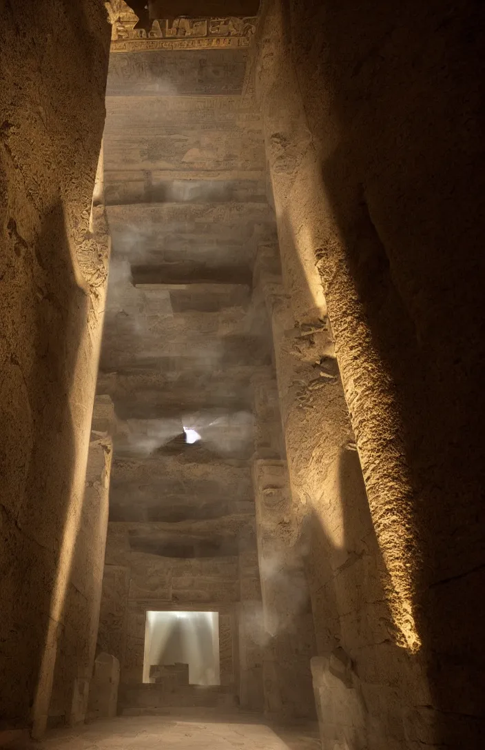 Image similar to punisher symbol is giant entrance into ancient egyptian temple with luminous smoke and light rays.