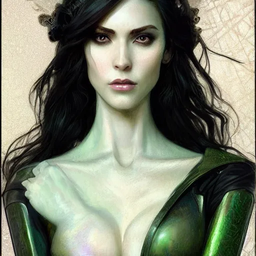 Prompt: Portrait of slim shapely pale young sorceress wearing black leather armor, long black hair, green eyes, intricate, elegant, highly detailed, digital painting, artstation, concept art, smooth, sharp focus, illustration, art by artgerm and greg rutkowski and alphonse mucha and andrei riabovitchev