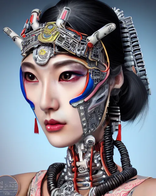 Prompt: upper half portrait of a female robot with machine head gear cyberpunk face accessories, decorated with chinese opera motifs, royal, fine china, wuxia, traditional chinese art intricate intense elegant highly detailed digital painting artstation concept art smooth sharp focus illustration, art by mike nash and artgerm and alphonse mucha and vania zouravliov, 8 k