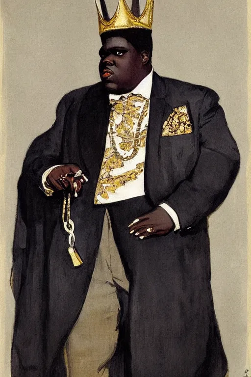 Prompt: portrait of biggie smalls with kings crown and royal outfit, modern, eclectic, illustration, by ramon casas