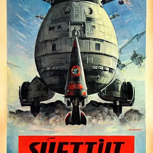 Prompt: soviet spaceship in the style of norman rockwell, world war 2, wwii, propaganda poster, sci - fi illustrations, highly detailed, award - winning, patriotic, soviet, ussr, dark, gritty, ink