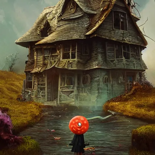 Image similar to a realistic scary witch in front of a witch house which is made out of candy, floating on the ocean, epic scene, fantasy, cinematic, hyper - detailed, in the style of greg rutkowski