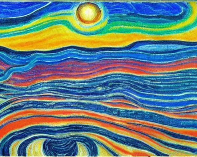 Image similar to Ocean waves in a psychedelic dream world. DMT. Curving rivers. Landscape painting by Edvard Munch. David Hockney.