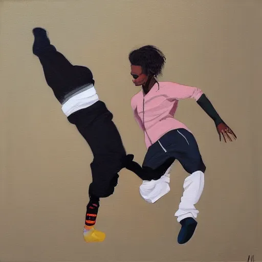 Prompt: painting of breakdancers in baggy 90s clothing in the style of michael carson
