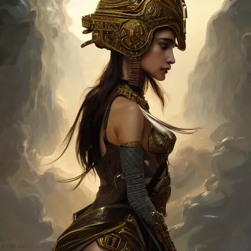 Prompt: an attractive young female wearing an ornate metallic helmet, olive skin, long dark hair, beautiful bone structure, intricate, elegant, highly detailed, digital painting, artstation, concept art, smooth, sharp focus, illustration, art by artgerm and greg rutkowski and alphonse mucha