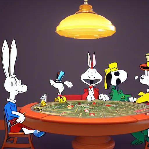 Prompt: a highly detailed vector picture of bugs bunny and captain cruch and snoopy and bender playing poker, art by cassius marcellus coolidge and jacque - louis david, volumetric lighting, octane render, 4 k resolution, trending on artstation, masterpiece